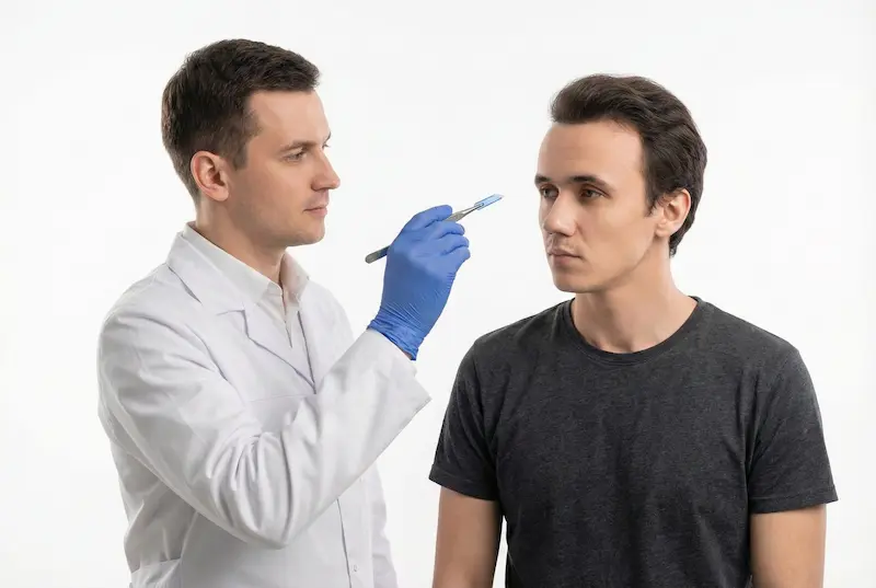 Doctor consulting a male patient and assessing hairline suitability for a sapphire FUE hair transplant candidate evaluation.