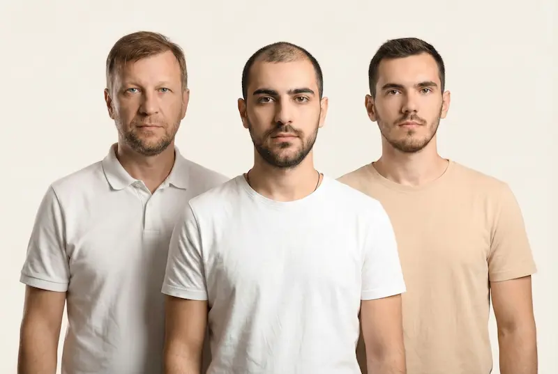 Three men of different ages and hair loss patterns standing together, representing ideal candidates for DHI vs. FUE hair transplant techniques