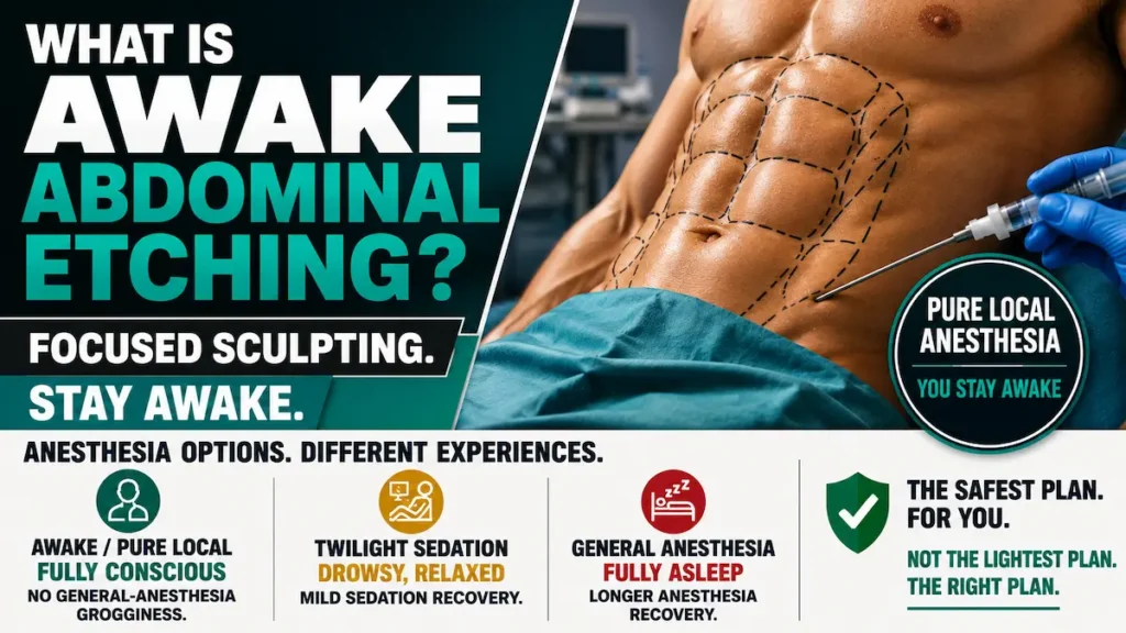 Awake Abdominal Etching infographic explaining why abdominal etching suits pure local anesthesia with awake, twilight, and general anesthesia options.