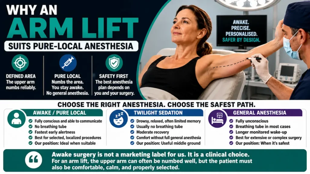 Why an Arm Lift Suits Pure-Local Anesthesia infographic comparing awake, twilight, and general anesthesia options.
