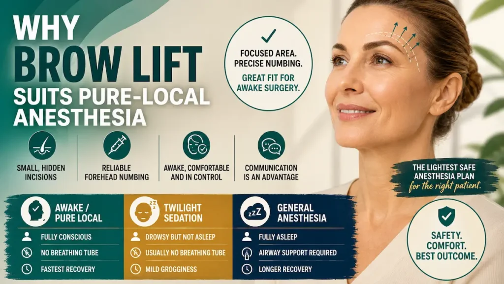Pure-local anesthesia brow lift infographic showing why focused forehead numbing, small hidden incisions, and patient communication suit awake brow lift surgery.