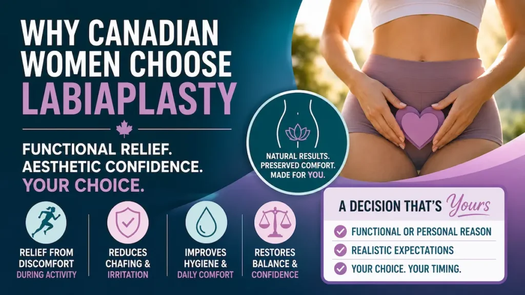 Labiaplasty infographic showing why Canadian women choose the procedure for functional relief, reduced chafing, hygiene, comfort, and confidence.