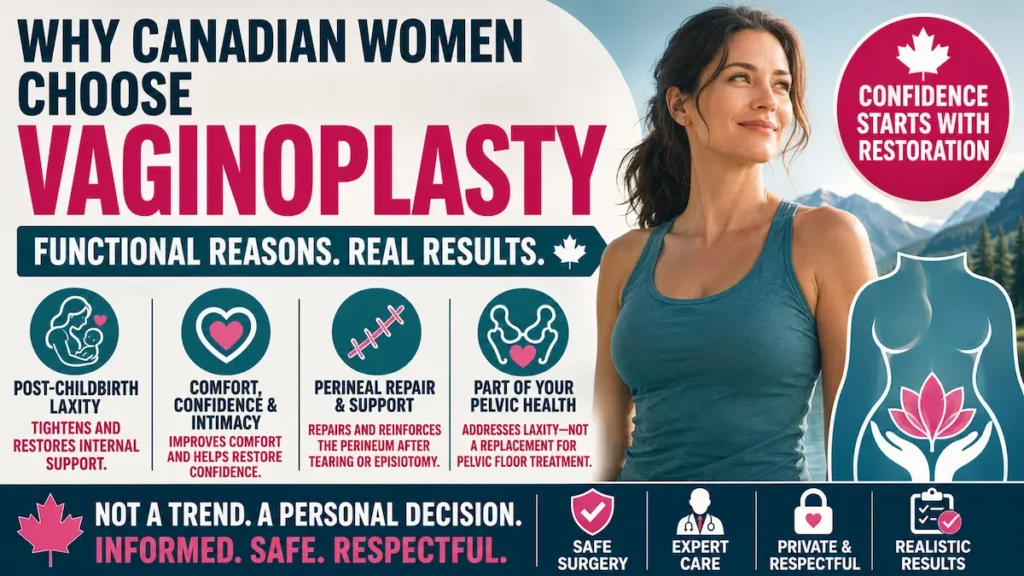 Vaginoplasty in Turkey infographic for Canadian women explaining post-childbirth laxity, perineal repair, pelvic health, comfort, confidence, and functional restoration.