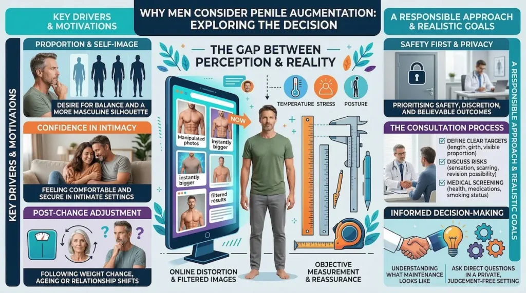 Penis Enlargement infographic showing motivations, perception vs reality, objective measurement, and a safety-first, private consultation approach.