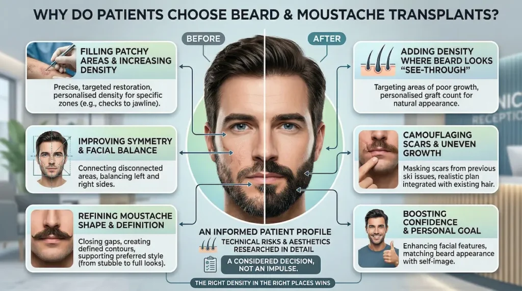 Infographic showing why patients choose Beard Moustache Transplant: filling patchy areas, improving symmetry, refining moustache shape, and boosting confidence.