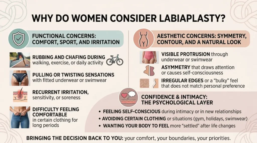 Labiaplasty infographic outlining why women consider labia reduction, including comfort, irritation, symmetry concerns, and confidence factors.