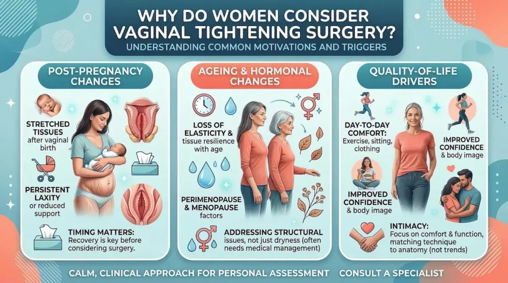Why women consider vaginal tightening surgery infographic showing post-pregnancy changes, ageing factors, and quality-of-life motivations.