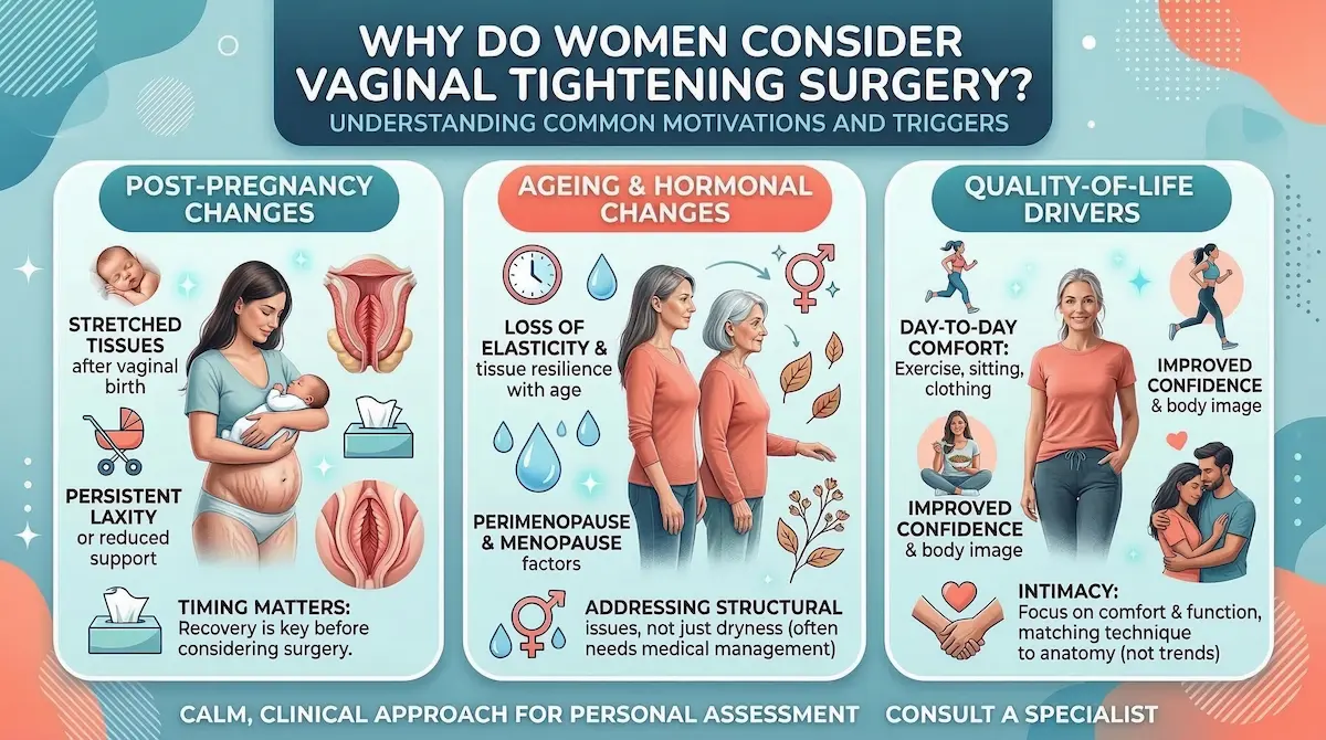 Why women consider vaginal tightening surgery infographic showing post-pregnancy changes, ageing factors, and quality-of-life motivations.