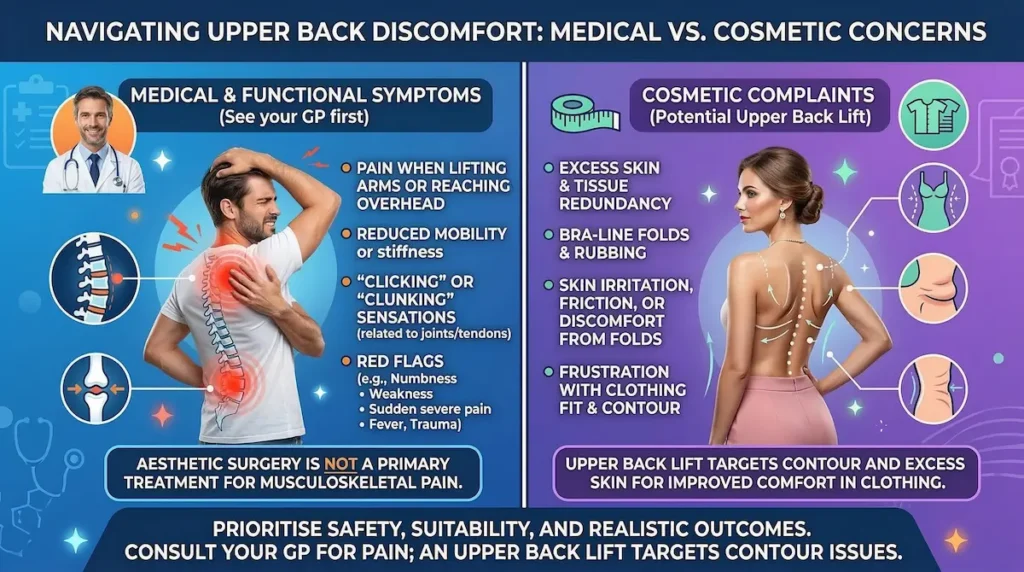 Upper Back Lift infographic showing excess skin causes, bra-line folds, and medical vs cosmetic upper-back discomfort guidance.
