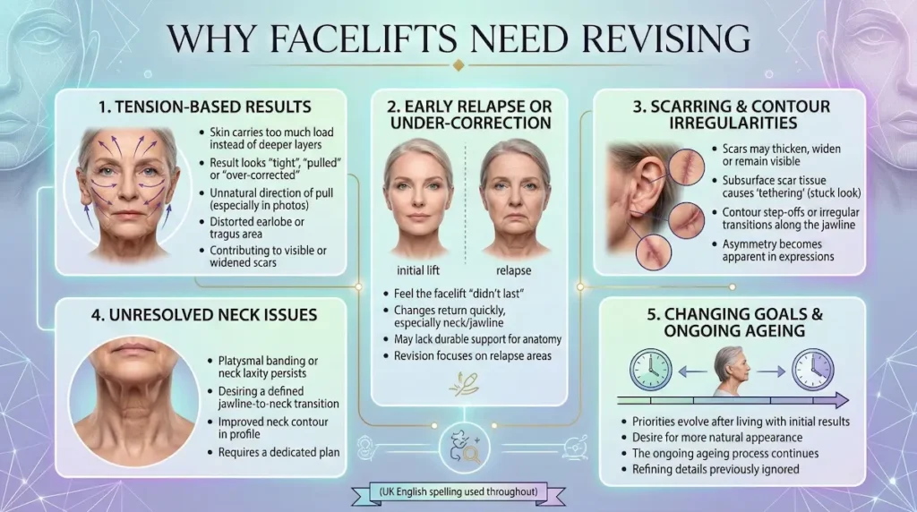 Why do facelifts need revising infographic showing tension-based results, early relapse, scarring and contour irregularities, unresolved neck issues, and ongoing ageing.