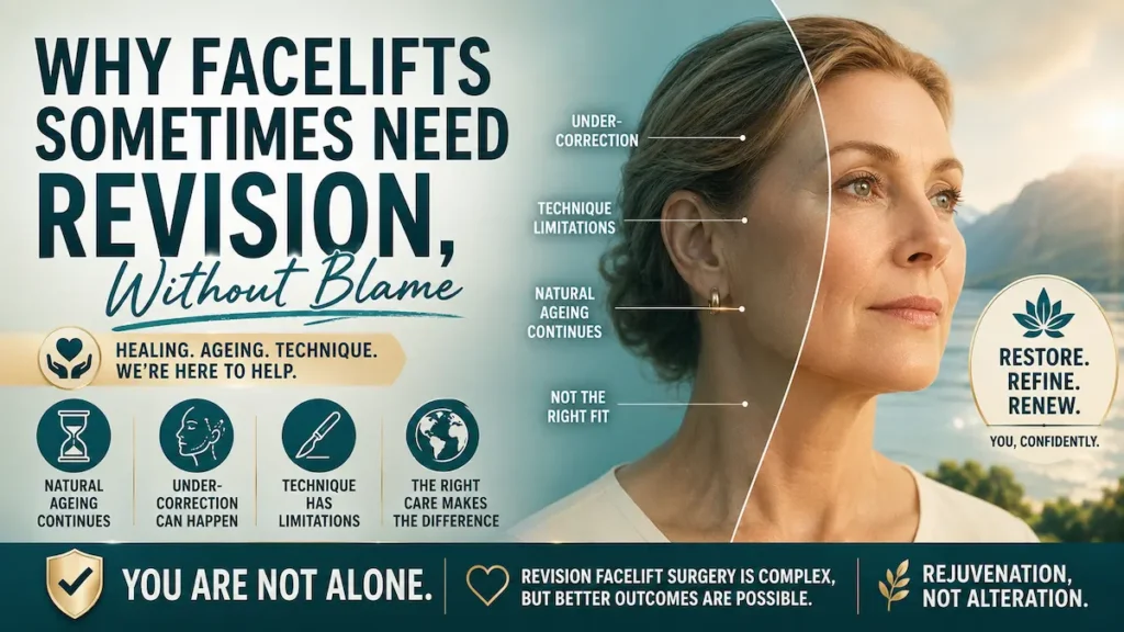 Revision facelift image explaining under-correction, ageing, and technique limits for Canadian patients.