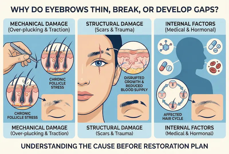 Why get an Eyebrow Transplant infographic showing over-plucking, scars, trauma, and hormonal factors causing gaps.
