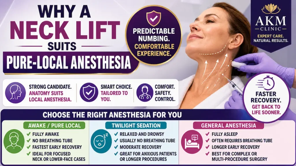 Awake neck lift under pure-local anesthesia showing neck markings and a comparison of awake, twilight, and general anesthesia options for Canadian patients.