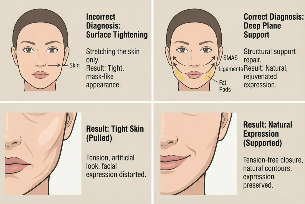Illustration comparing surface skin tightening vs deep plane support, explaining why surface tightening fails for natural facelift results and can look pulled.