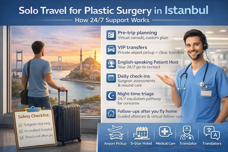 Travel to Istanbul for surgery alone: infographic showing 24/7 Patient Host support, VIP transfers, check-ins, safety checklist.