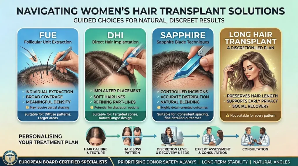 Hair Transplant For Women techniques infographic comparing FUE, DHI, Sapphire and Long Hair Transplant options for discreet, natural results.