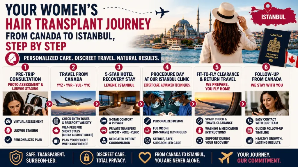 Women’s hair transplant journey from Canada to Istanbul infographic showing consultation, travel, hotel recovery, procedure day, fit-to-fly clearance, and follow-up care.