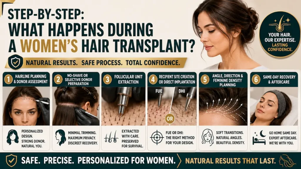 Women’s hair transplant procedure infographic showing hairline planning, donor assessment, follicular unit extraction, FUE or DHI implantation, and same-day recovery.