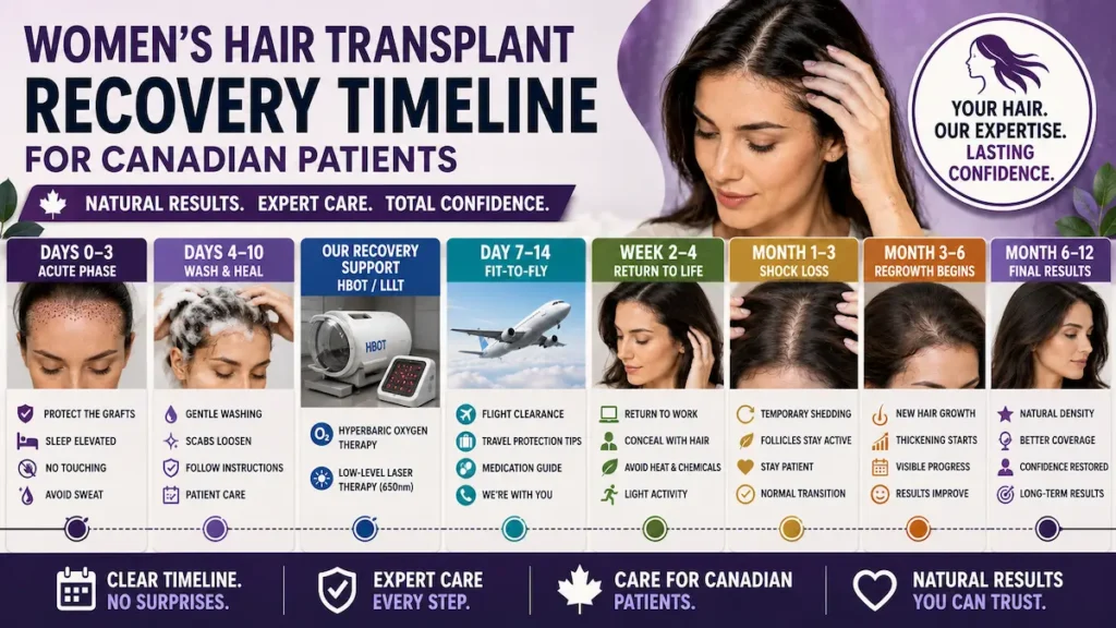 Women’s hair transplant recovery timeline for Canadian patients showing graft protection, washing, HBOT, fit-to-fly clearance, shock loss, regrowth, and final results.