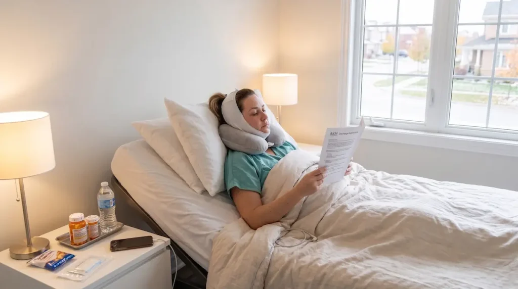 Canadian patient following post op care after flying home while resting in bed, reviewing discharge instructions with medications and water nearby.
