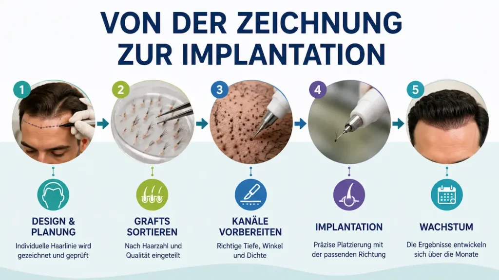Natürliche Haarlinie: Infografik zeigt Planung, Graftsortierung, Kanalvorbereitung, Implantation und Wachstum nach der Haartransplantation.