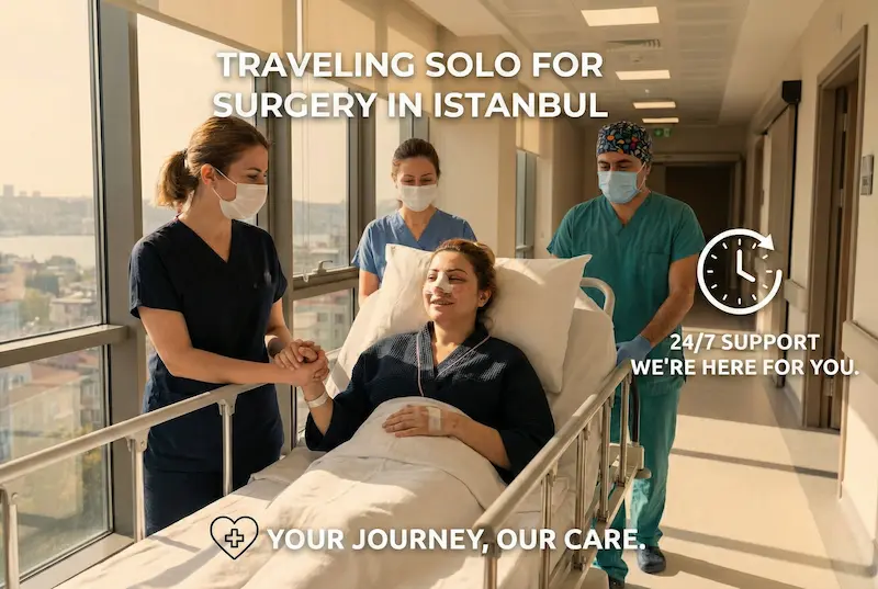 Travel to Istanbul for surgery alone: AKM Clinic care team supports a patient in hospital corridor with 24/7 assistance.