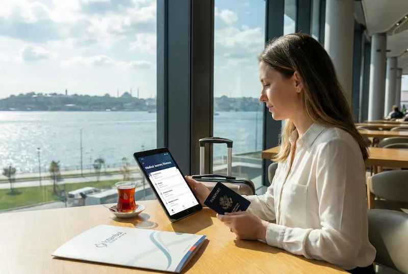 International patient planning a Fat Transfer Breast Augmentation trip in Istanbul, reviewing a medical journey itinerary on a tablet with passport.