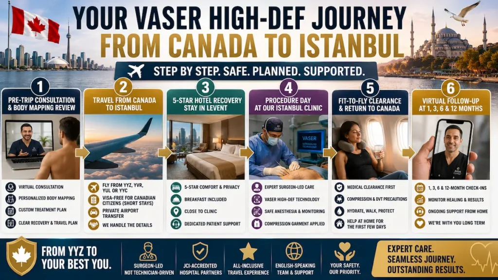 Your VASER High-Def Journey from Canada to Istanbul infographic showing consultation, travel, hotel recovery, surgery day, fit-to-fly clearance, and follow-up.