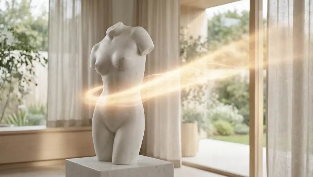 Classical marble torso statue with a glowing golden ring around the waist, symbolizing the precision of 360 liposuction turkey and high-definition body sculpting using Vaser ultrasound technology.