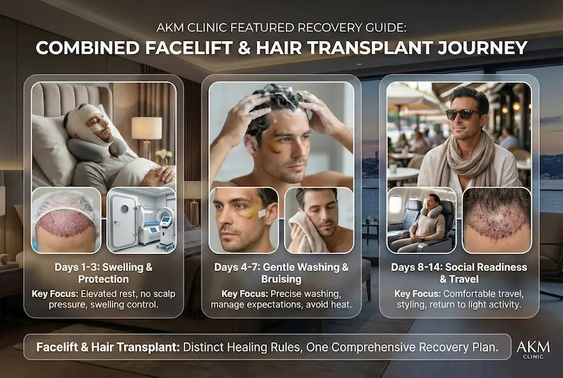 Day-by-day Istanbul recovery itinerary infographic for combined facelift and hair transplant, showing days 1–3 swelling control, days 4–7 gentle washing, and days 8–14 travel readiness.