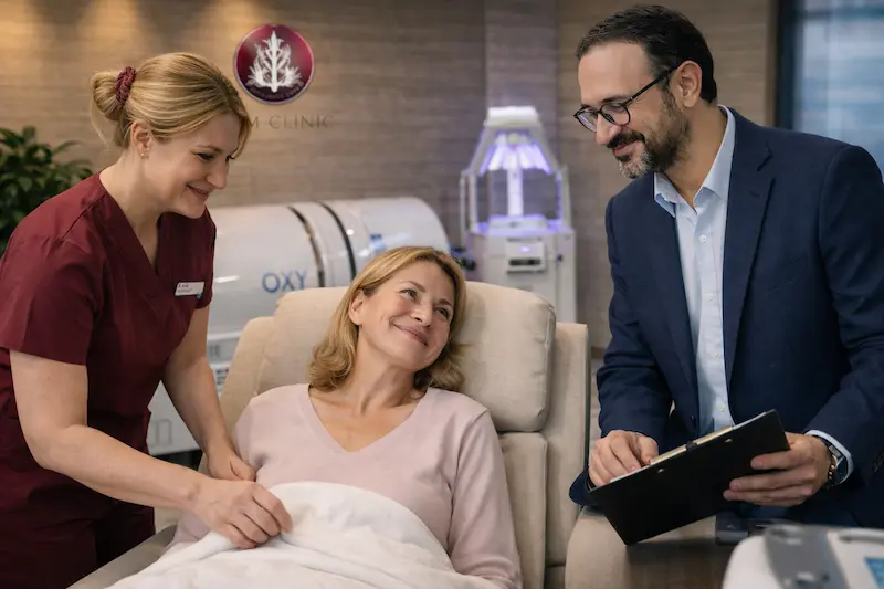 after-surgery-protecting-trust-during-recovery post-op check-in at akm clinic with a nurse and surgeon supporting a patient in recovery, reinforcing emotional trust and aftercare.