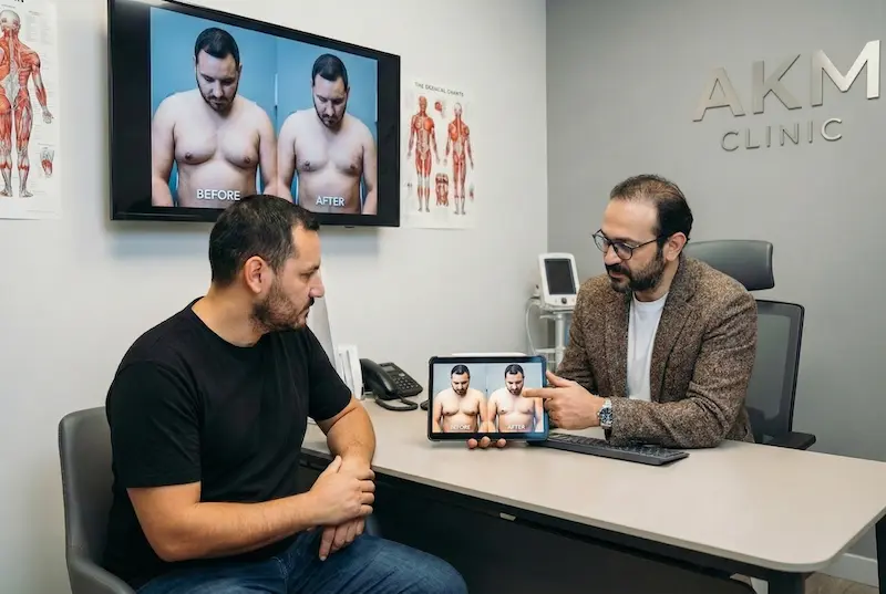 Doctor consultation at AKM Clinic evaluating if the patient is a good candidate for gynecomastia surgery in Turkey using before and after photos