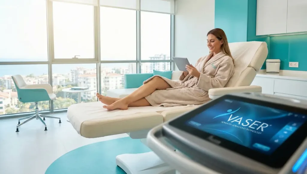 Patient relaxing in a luxury clinic robe at AKM Clinic Istanbul with Vaser Liposuction ultrasound screen in the foreground, demonstrating the comfort of tumescent liposuction in Turkey without general anesthesia.