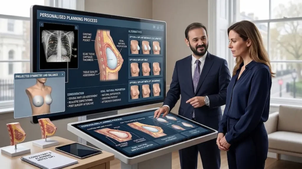 Breast implant revision planning consultation with a surgeon and patient reviewing implant pocket, scar tissue, symmetry, and explant or exchange options.