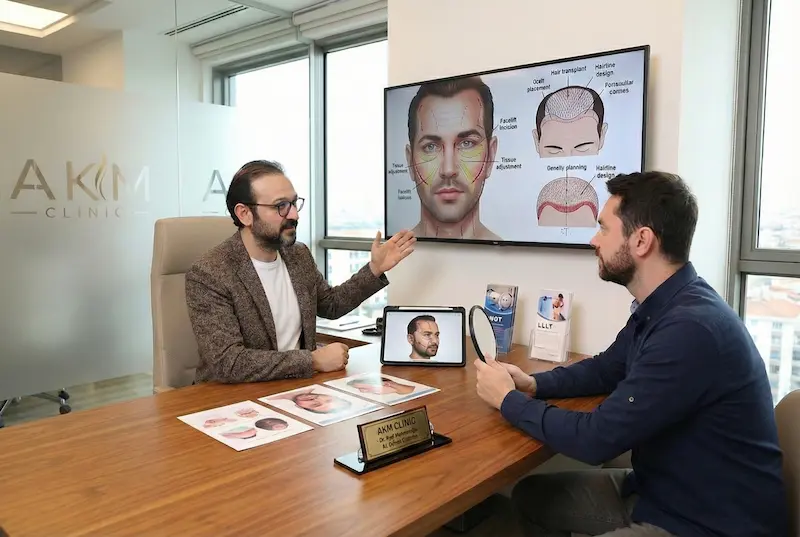 Surgeon-led consultation at AKM Clinic showing hair transplant and facelift planning diagrams, discussing safety and timing for combined procedures.