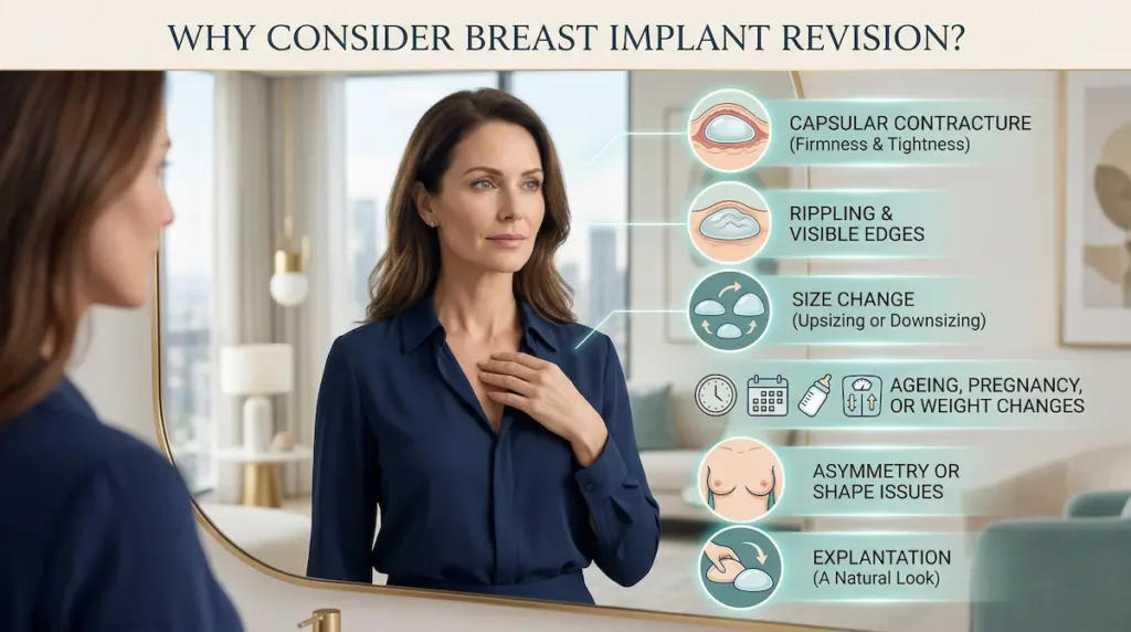 Breast implant revision infographic showing capsular contracture, rippling, size change, asymmetry, and explant reasons.