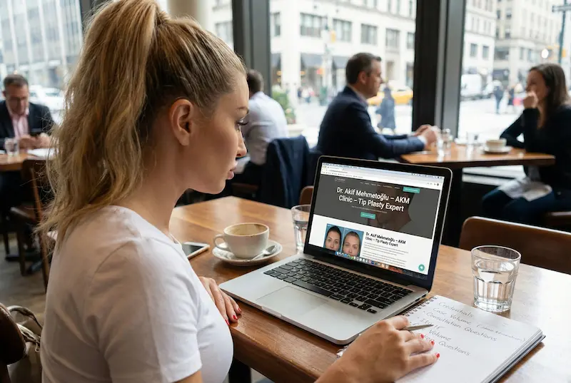 Woman researching choosing a tip plasty surgeon in Turkey on a laptop, reviewing clinic information and notes during consultation planning.