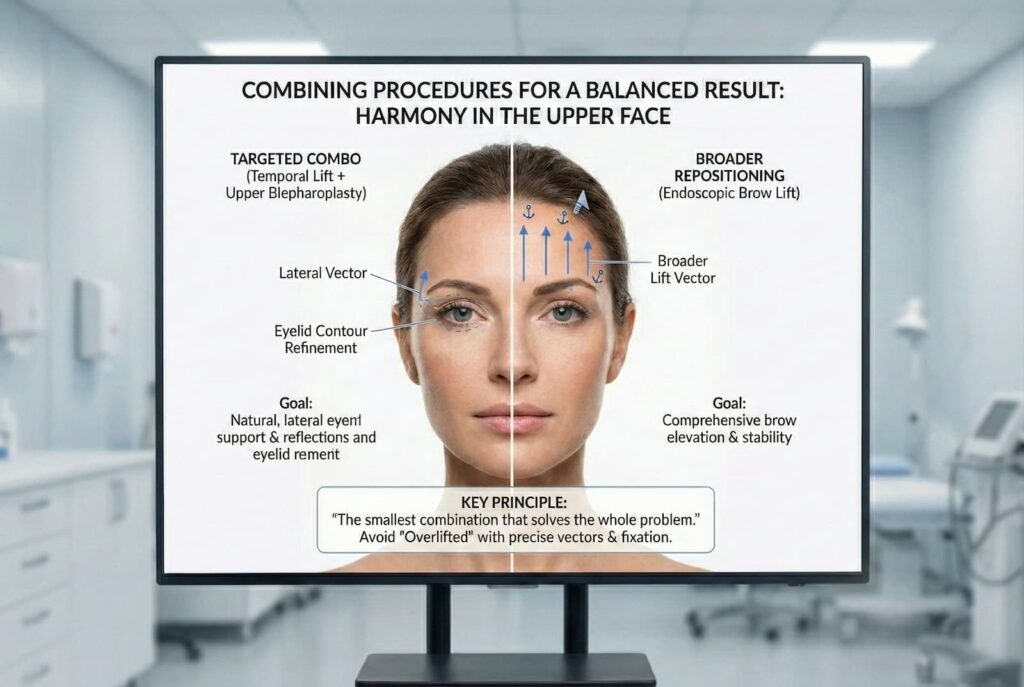 Medical infographic showing combining procedures for a balanced result in the upper face, comparing temporal lift + upper blepharoplasty versus endoscopic brow lift with lift vectors and goals.