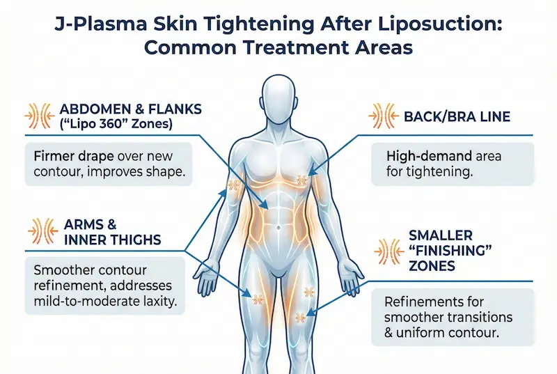 common treatment areas after liposuction: j-plasma skin tightening için karın ve flank, sırt/bra line, kollar ve iç bacaklar ile küçük finishing bölgelerini gösteren şema