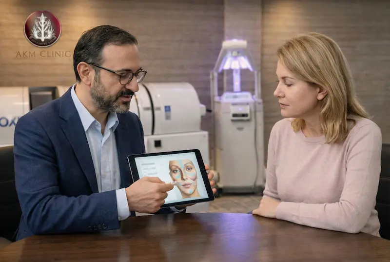 communication-that-builds-trust-your-pre-op-conversation-blueprint consultation at akm clinic where a surgeon explains a surgical plan on a tablet, supporting clear communication and how to prepare for surgery mentally.