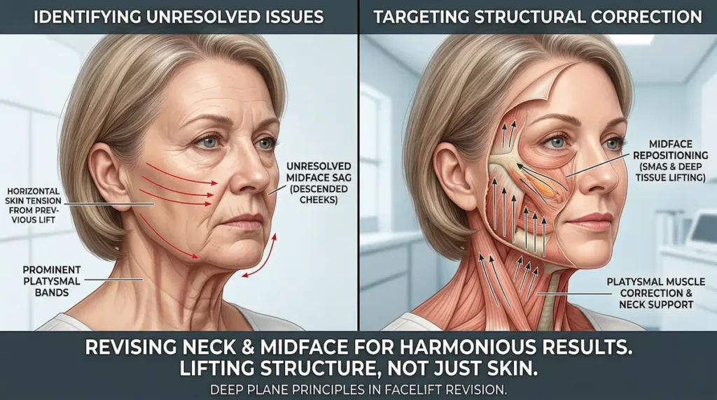 Revision facelift specialist illustration showing neck band correction and midface repositioning to improve facial harmony after poor facelift results.