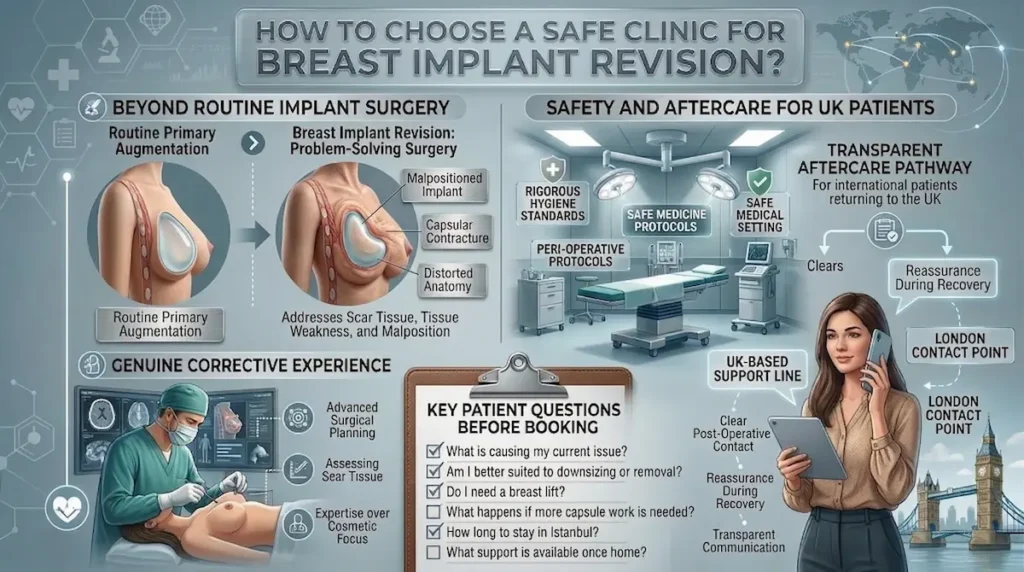 Breast implant revision infographic showing safe clinic selection, hygiene standards, aftercare, UK support line, and key questions before booking.