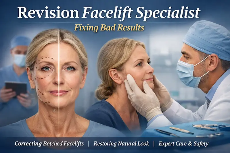 Revision facelift specialist consultation showing a surgeon assessing a woman’s face to correct pulled and unnatural facelift results.