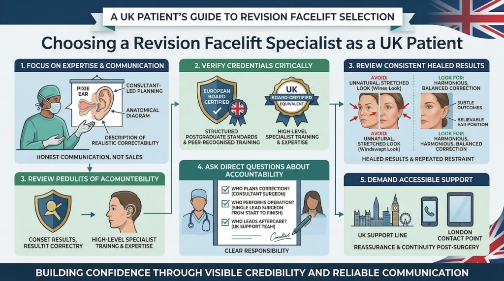 Revision facelift specialist infographic for UK patients showing how to assess credentials, healed results, communication and aftercare support.