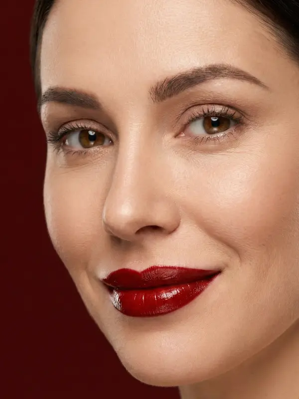 Symbolbild zu Facelift, Nasen-OP und Lidstraffung: Nahaufnahme eines Frauengesichts mit rotem Lippenstift
