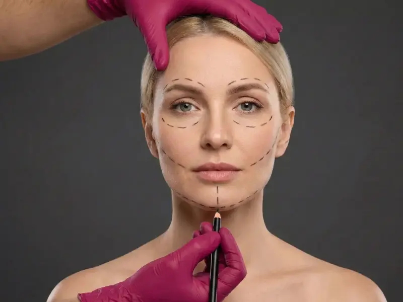 Nahaufnahme einer Patientin, der ein Operateur mit rosafarbenen Handschuhen OP-Markierungen im Gesicht anzeichnet – die präzise präoperative Planungsphase vor einem Facelift (Gesichtsstraffung) oder einer Konturierung in der Türkei.