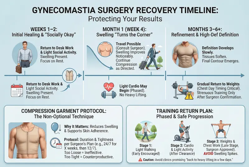Gynecomastia recovery timeline infographic showing weeks 1–2, month 1, and months 3–6+ with compression garment protocol and safe return-to-training plan