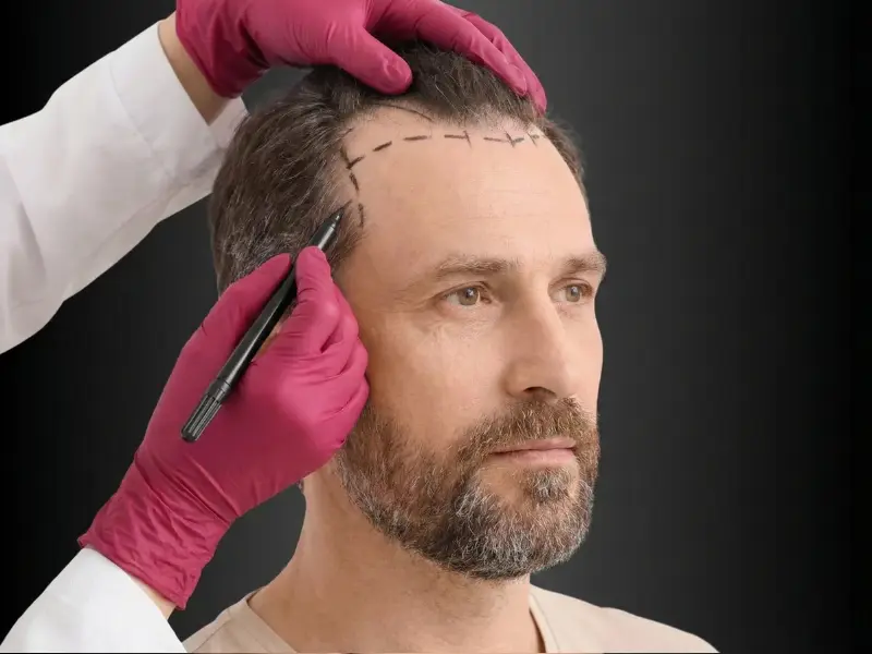 Seitenprofil eines männlichen Patienten, dem ein Arzt mit rosafarbenen Handschuhen präoperative Markierungen auf der Stirn anzeichnet – Planungsphase einer Haartransplantation in der Türkei.