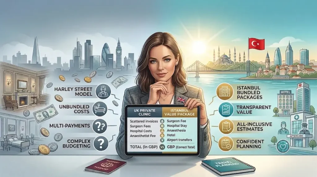 Finance for plastic surgery in Turkey comparison image showing UK private clinic costs versus Istanbul bundled packages for British patients.