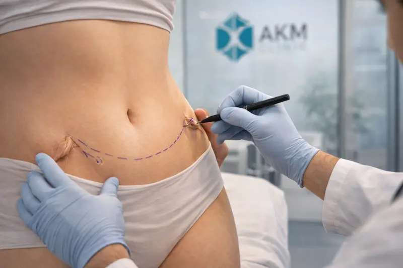 Surgeon marking dog ear correction lines on the abdomen for tummy tuck revision at AKM Clinic
